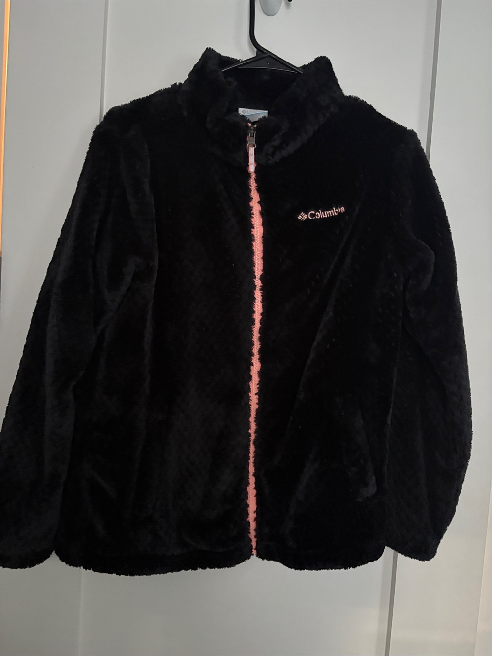 Columbia Black Fuzzy Jacket with Pink Zipper Trim